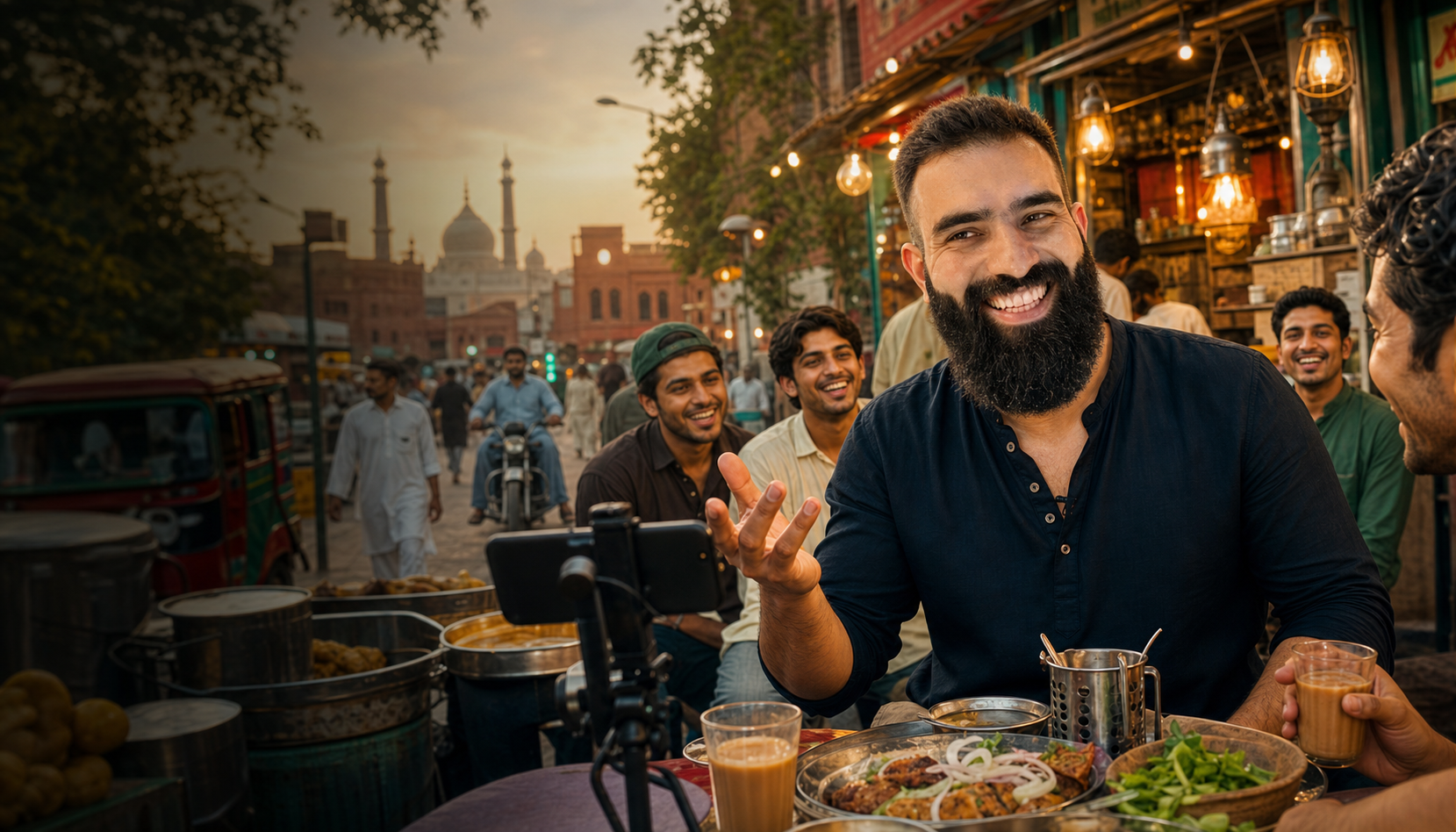 A lively Pakistan street-food scene with a host talking to locals.